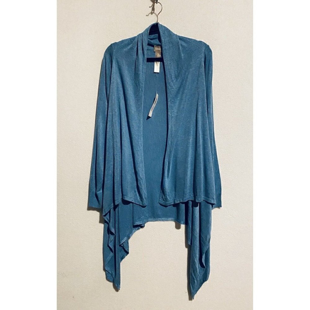Chicos 2 Sweater Womens Large Dramatic Drape Soft Open Cardigan Blue Heather